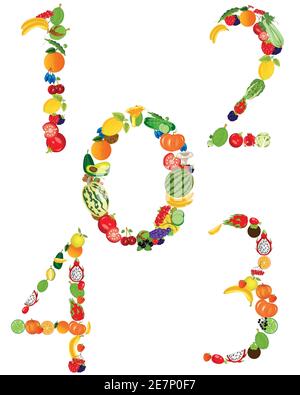 Vector illustration of the numerals built from fruit and vegetables Stock Vector