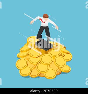 Flat 3d Isometric Businessman using Business Bag as a Surfboard Surfing on Gold Coin Pile. Financial Concept. Stock Vector