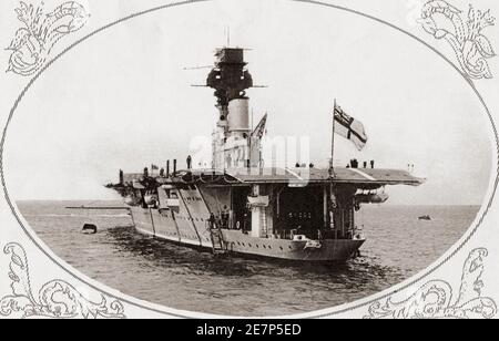 HMS Hermes, British aircraft carrier.  From British Warships, published 1940. Stock Photo