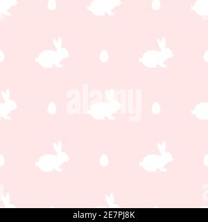 Seamless abstract pattern with Easter rabbits and eggs of different pastel colors. White background. Decorative holiday wallpaper, good for printing. Stock Vector