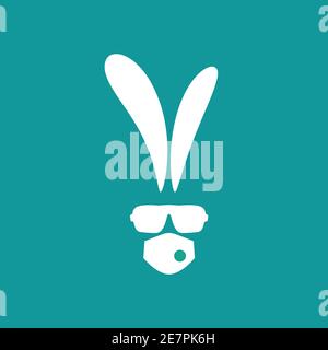 white flat hipster rabbit avatar with glasses and medical mask isolated on blue. Easter quarantine rabbit. Geek logo. Mouth guard, virus protection, t Stock Vector
