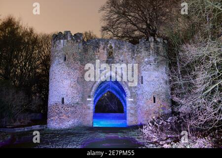 Roundhay Park Castle at night with added coloured light from a rgb torch. Stock Photo