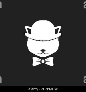 cat's head with bow tie and bowler hat isolated on black. tough, Gentleman, mafia concept. hipster avatar. Vector flat illustration. hipster avatar. g Stock Vector