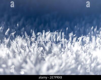 Abstract white and blue background of frozen snowflakes Stock Photo