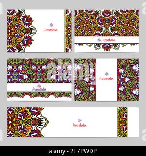 Decorative horizontal banner set with colored mandalas and fractals isolated vector illustration Stock Vector
