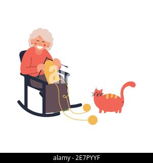 Grandmother knits on a rocking chair with a cat. Vector illustration on white isolated background. Stock Vector