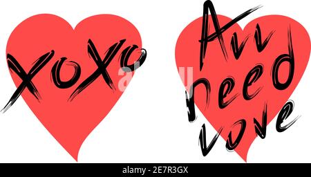 Handwritten phrase xoxo and ell need love inside a red heart. Vector graphics for Valentine's Day. Set of two drawings Stock Vector