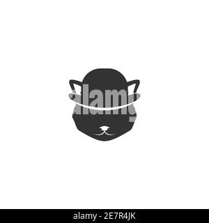 Black cat's head with bowler hat isolated on white. tough, Gentleman, mafia concept. hipster avatar. Vector flat illustration. hipster avatar. gentlem Stock Vector