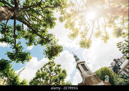 The tower of St Anne's Church, Soho, London; first built in 1686 (possibly by architect Christopher Wren) the church was partly destroyed in 1940 Stock Photo