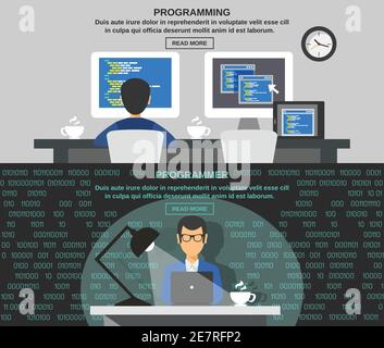 Programmer horizontal banner set with program code elements isolated vector illustration Stock Vector