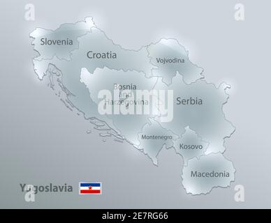 Yugoslavia map and flag, administrative division, separates regions and names individual region, design glass card 3D vector Stock Vector