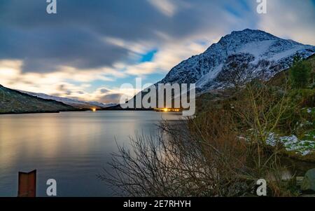 Llyn Ogwen, near Bethesda, Gwynedd, North Wales, in Moonlight, taken in December 2020. Stock Photo