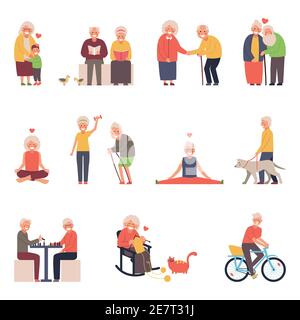 A set of vector illustrations of a group of old men and women in different situations. Free time for the elderly knitting, yoga, sports, socializing. Stock Vector