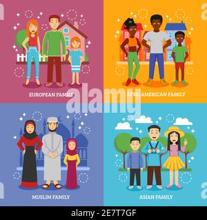 National families icons set with European Afro-American Muslim and Asian nationalities flat isolated vector illustration Stock Vector