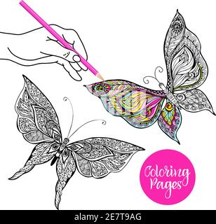 Human hand coloring decorative butterfly with colored pencil vector illustration Stock Vector