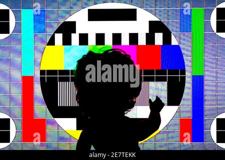 TV Test Pattern generated by a Monoscope, TV Static Noise Glitch Effect – Original Photo from a vintage Television – Concept for your project Stock Photo
