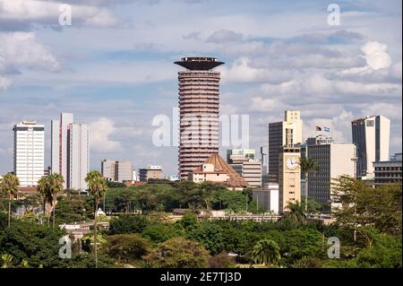 Kenyatta International Conference Centre (KICC) and State House clock viewed from Uhuru Park, Nairobi, Kenya Stock Photo