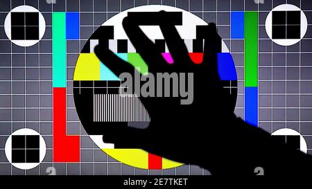TV Test Pattern generated by a Monoscope, TV Static Noise Glitch Effect – Original Photo from a vintage Television – Concept for your project Stock Photo