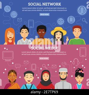 Social network and media horizontal banners set with different nationalities flat isolated vector illustration Stock Vector