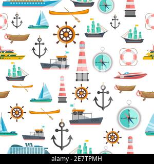 Nautical symbols vintage icons seamless tileable pattern with beacon anchor compass and sailboats abstract isolated vector illustration Stock Vector