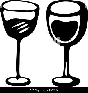 Vector set of two doodle wine glasses, alcohol, line, picture, sketch. Stock Vector