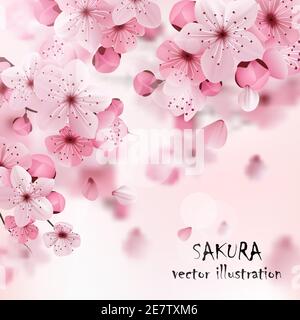 Beautiful print with blossoming dark and light pink sakura flowers and title vector illustration Stock Vector