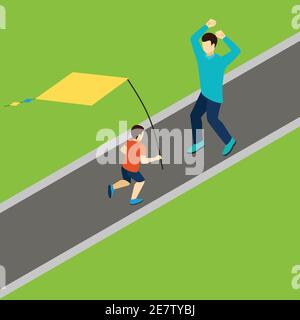 Family playing with kite with father and son isometric vector illustration Stock Vector