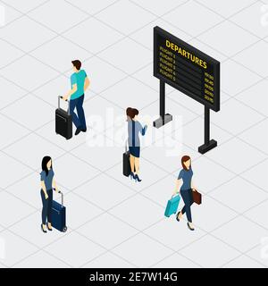 Airport departure board in passengers waiting room with overview of flight numbers and time isometric banner vector illustration Stock Vector