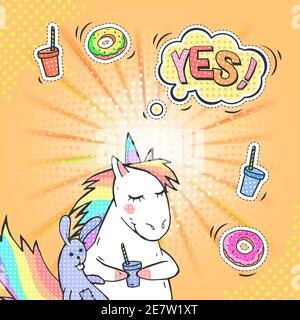 Pop art background with fat unicorn and speech bubble with text YES! Comic book retro style imitation. Vector bright illustration. Stock Vector