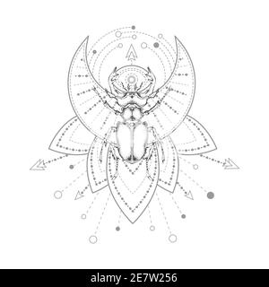 Vector illustration with hand drawn stag beetle and Sacred geometric symbol on white background. Abstract mystic sign. Black linear shape. For you des Stock Vector