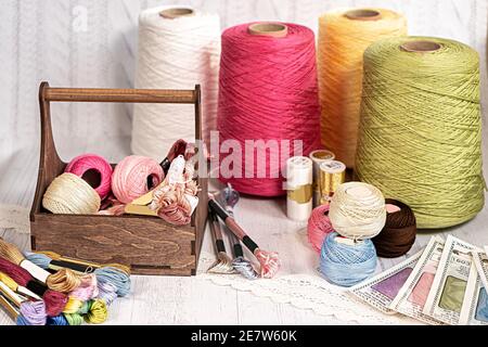 Threads in reels. Colored bobbins for embroidery knitting hobby accessories creativity. Background for site Stock Photo