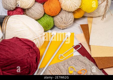 Threads in reels. Colored bobbins for embroidery knitting hobby accessories creativity. Background for site Stock Photo