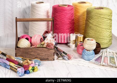 Threads in reels. Colored bobbins for embroidery knitting hobby accessories creativity. Background for site Stock Photo