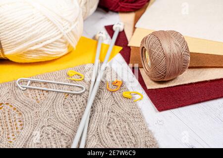 Threads in reels. Colored bobbins for embroidery knitting hobby accessories creativity. Background for site Stock Photo