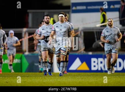 Sale Sharks flanker Jono Ross leads out the team before the Gallagher Premiership Round 7 Rugby Union match, Friday, Jan. 29, 2021, in Leicester, Unit Stock Photo