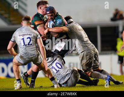 Sale Sharks flanker Jono Ross and Sale Sharks fly-half AJ McGinty team up to tackle Leicester Tigers wing Nemani Nadolo during a Gallagher Premiership Stock Photo