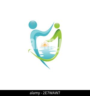 Abstract people or human figure dental logo vector. Abstract poeple figure forming teeth with beach and sunset scenery Stock Vector