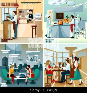 Restaurant people 2x2 design concept set with barista barmen kitchen staff visitors and waitress flat vector illustration Stock Vector