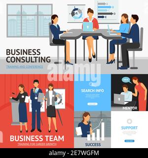 Flat banners set of scenes with businessmen and businesswomen in business consulting team and success vector illustration Stock Vector