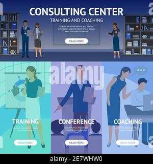 Banners set of scenes advertising consulting center work like business training conference and coaching flat vector illustration Stock Vector