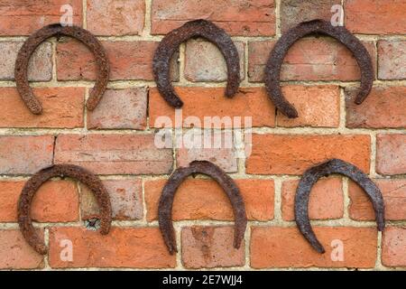 Horseshoes on wall background. Equestrian background, UK Stock Photo