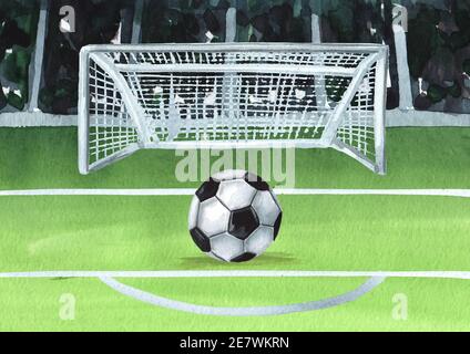Ball on the green field in soccer stadium. Penalty. Hand drawn watercolor  illustration Stock Photo