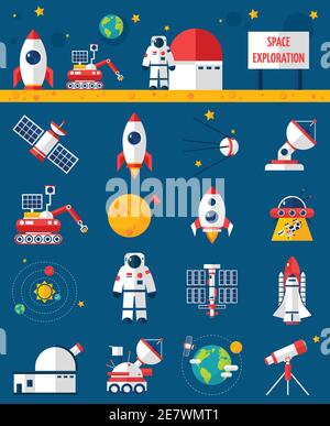 Universe cosmos flat icons collection with rocket cosmonaut and planet rover space exploration vehicle abstract isolated vector illustration Stock Vector