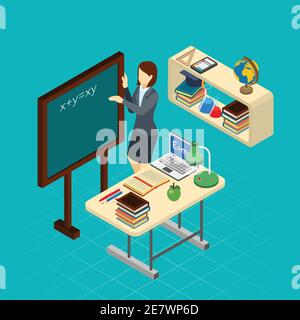 Science teacher writes formula on the blackboard in classroom isometric composition banner abstract vector illustration Stock Vector