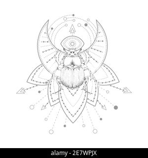 Vector illustration with hand drawn scarab and Sacred symbol on white background. Abstract mystic sign. Black linear shape. For you design, tattoo or Stock Vector