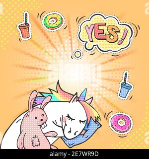 Pop art background with fat sleeping unicorn and speech bubble with text YES! Comic book retro style imitation. Vector bright illustration. Stock Vector