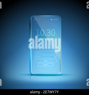 Blue transparent smartphone image swiched on and waiting for registration on blue background vector illustration Stock Vector