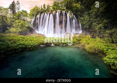 Long Exposure Waterfalls in Lush Summer Plitvice Lakes, Croatia Stock Photo