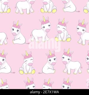 Vector pattern with cute unicorns, clouds and stars. Magic background with little unicorns. Stock Vector