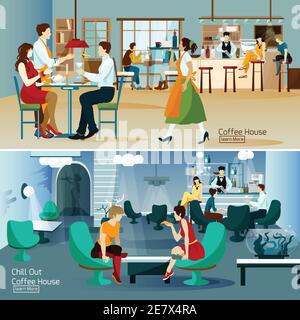 Coffee house horizontal banners with barman waitress and people in bar and hall flat vector illustration Stock Vector